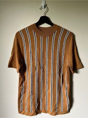 Sandro Men's Camel Short-Sleeve Stripe Knit Tee